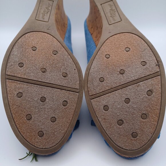 Dexflex Comfort Denim and Cork Wedge Heel Peep Toe Shoes - Picture 9 of 10